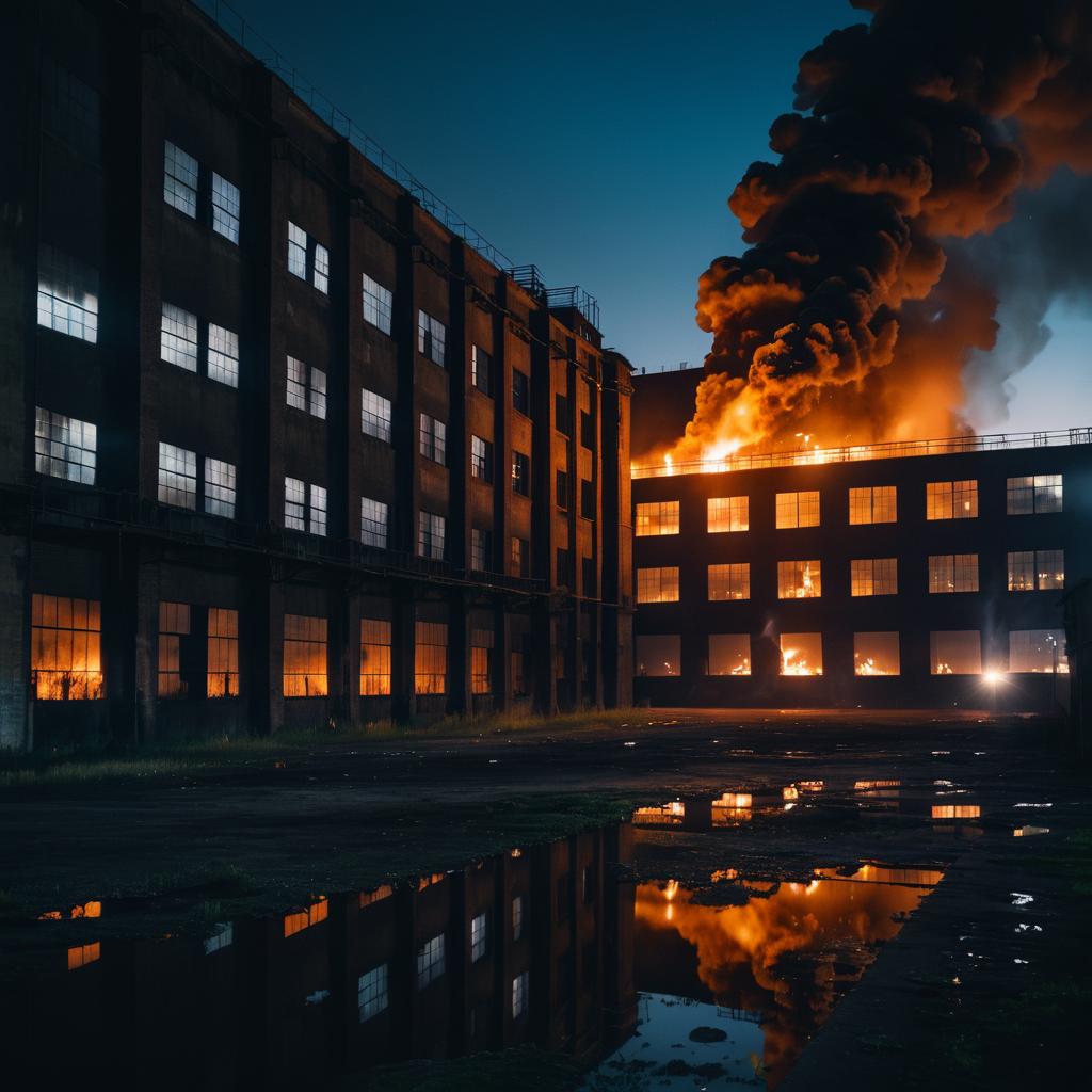 Abandoned Factory Burning at Dusk