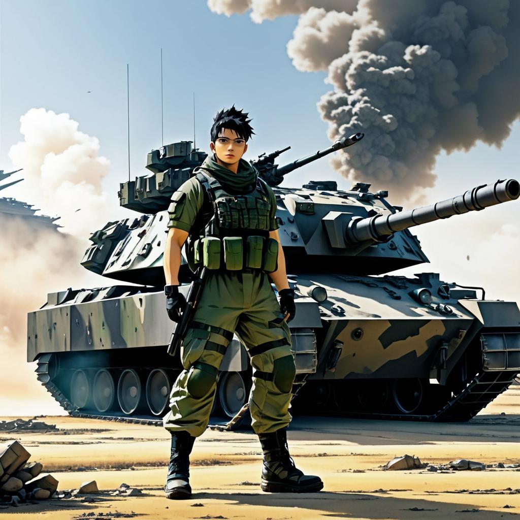 Intense Anime Soldier Beside Modern Tank