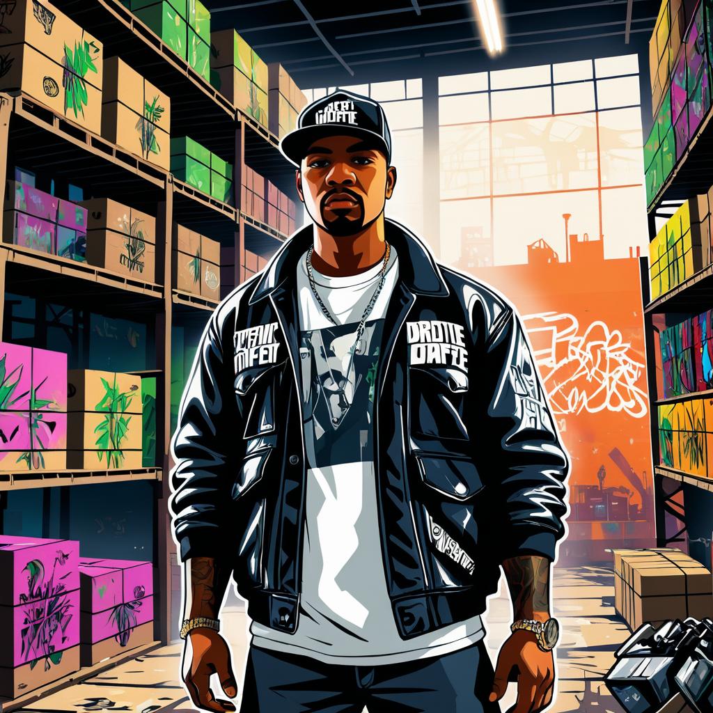 Urban Gangster in Graffiti Warehouse Scene