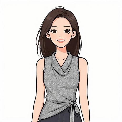 Digital anime-style drawing of a smiling woman with long black hair, wearing a gray sleeveless cowl-neck top and black pants. White background.
