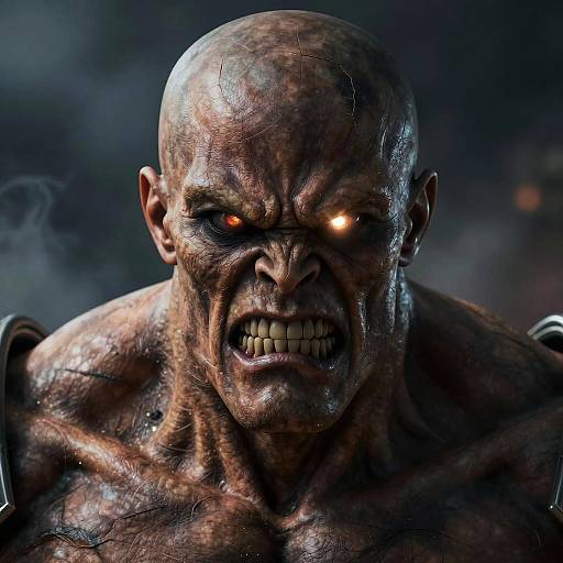 CGI image of a bald, muscular, dark-skinned, demonic figure with glowing orange eyes, snarling teeth, and cracked, textured skin