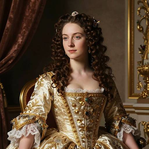 Photograph of a pale-skinned woman with curly brown hair, wearing an elaborate gold and white 18th-century dress, sitting in an ornate