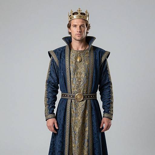 Photograph of a serious-looking man with fair skin and brown hair, wearing an ornate gold crown, blue regal robe, and gold-emb