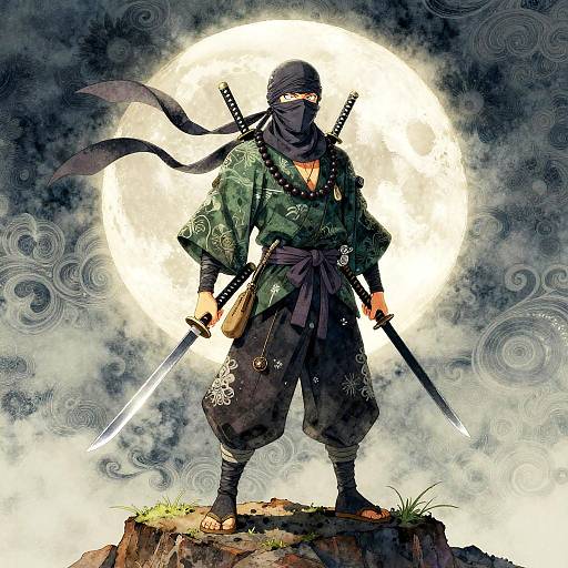 Digital illustration of a samurai standing on a rock, backlit by a bright full moon, holding two katana swords, with a black mask and