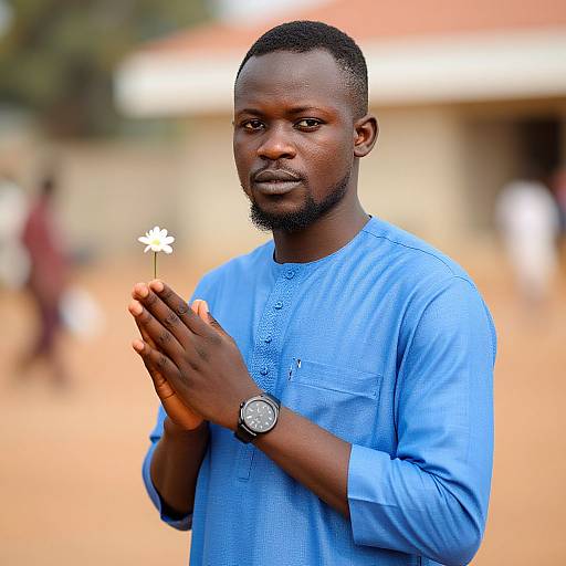 Photograph of a young Black man with a short beard, wearing a blue long-sleeve shirt, holding a white flower, standing outdoors, with