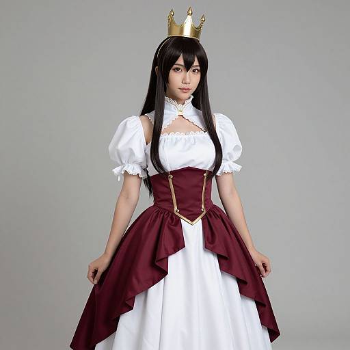 Photograph of an Asian woman cosplaying as a princess in a white dress with maroon skirt, gold crown, and black hair.