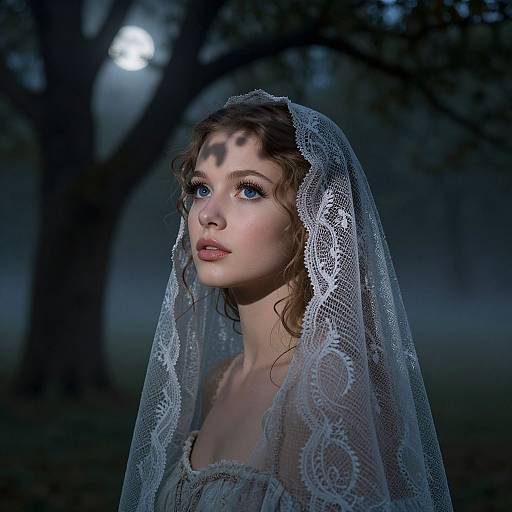 Photograph of a young woman with blue eyes, wearing a delicate lace veil, standing in a moonlit, dark forest.
