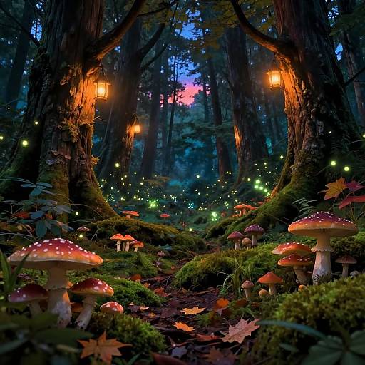 Enchanting forest scene at twilight, illuminated by glowing lanterns and fireflies, with red-spotted mushrooms dotting the mossy forest floor.