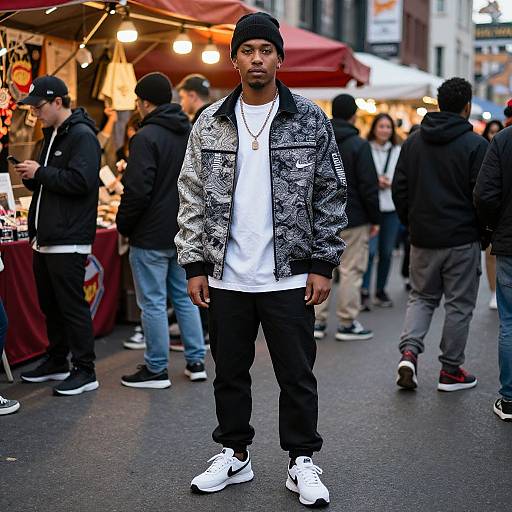 Photograph of a young Black man in a black beanie, white t-shirt, black patterned jacket, and black pants, standing confidently at an