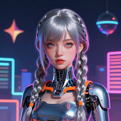 CGI portrait of a cybernetic girl with silver braids, blue eyes, and metallic armor with orange accents, set in a neon-lit