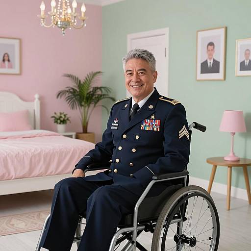 Veteran in Navy Uniform Sitting in Wheelchair