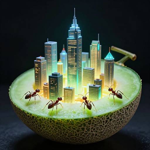 Photograph of a glowing cityscape in a textured bowl, illuminated by lights, with small ants walking around the buildings.