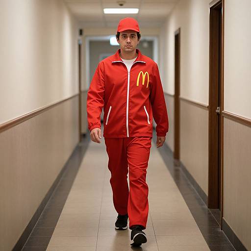 Photograph of a man in a red McDonald's employee uniform, including hat and pants, walking down a brightly lit, narrow hallway.