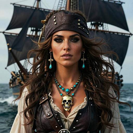 Photograph of a fierce pirate woman with long, wavy brown hair, black headscarf, turquoise jewelry, skull necklace, and white blouse,
