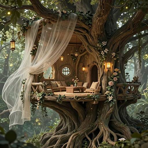 Whimsical, fairy-tale wooden treehouse nestled in a lush forest, adorned with fairy lights, white curtains, flowers, and cozy furniture.