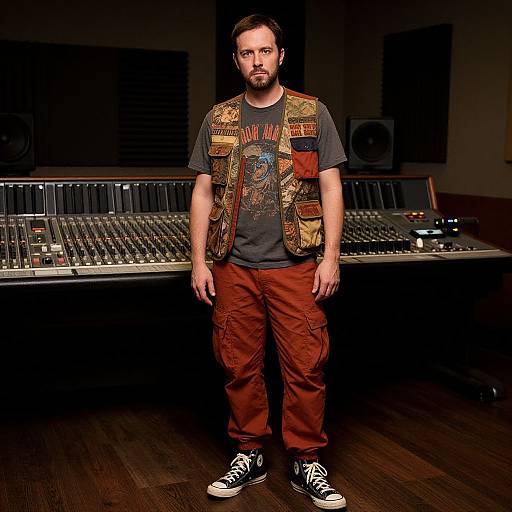 Photograph of a bearded man with short dark hair, wearing a patterned vest, black T-shirt, red cargo pants, and black sneakers,