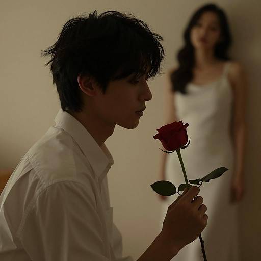 Man Holding Red Rose with Woman in Background