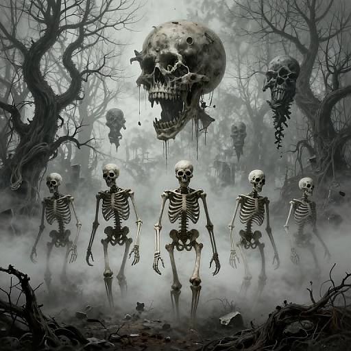 Digital artwork: Grim forest with skeletal figures in front, large decayed skull hovering above, smaller skulls in background, eerie mist, and twisted, leaf