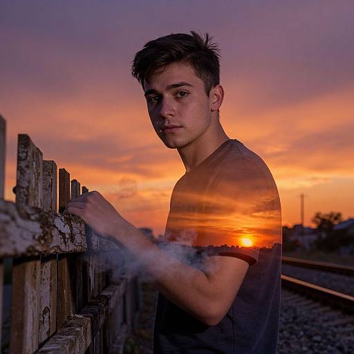 Photograph of a young, white man with short, dark hair, wearing a gray shirt, leaning on a wooden fence at sunset. The orange and