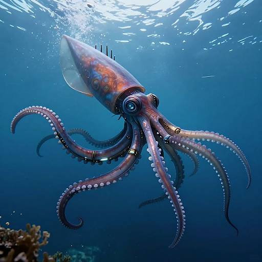 Photograph of a vibrant, multi-colored octopus with long, curling tentacles and suction cups, swimming underwater in a clear blue ocean. Light