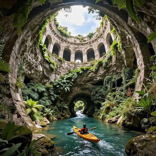 Photorealistic CGI of a person in a yellow kayak paddling through a lush, moss-covered, ancient stone archway over a turquoise river. Sun