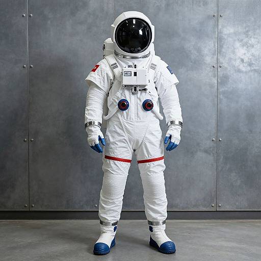 Photograph of a person in a white astronaut suit with a black helmet, blue gloves, and red accents, standing against a metallic gray wall.