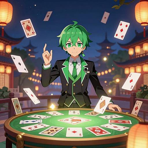 Anime-style drawing of a green-haired, green-eyed boy in a black suit, magically levitating playing cards over a glowing poker table at night. Lantern