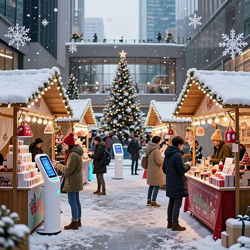 Photograph of a snowy, festive outdoor Christmas market with illuminated wooden stalls, snow-covered roofs, people in winter coats, and a decorated Christmas tree in