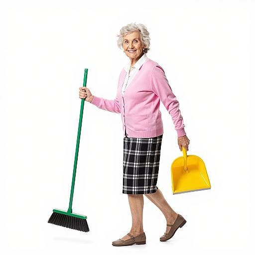 Cheerful Elderly Woman with Cleaning Tools