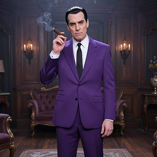 Photograph of a serious, dark-haired man in a purple suit, white shirt, black tie, holding a cigar, standing in a dimly lit