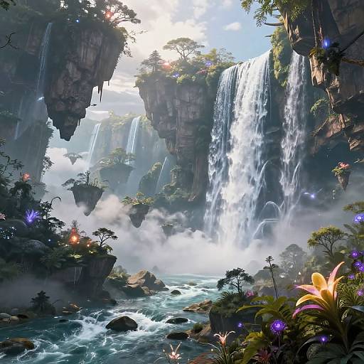Digital fantasy artwork of a lush, misty canyon with cascading waterfalls, floating rock islands, vibrant flowers, and towering cliffs.
