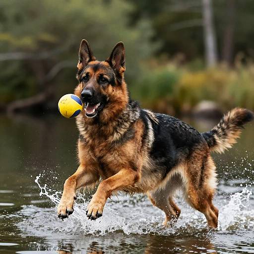 German Shepherd Playing Fetch in Lake