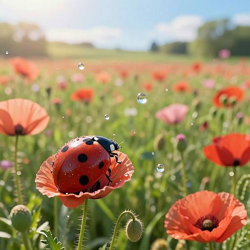 Photograph of a vibrant meadow with red poppies, a water droplet-covered ladybug on a poppy, and sunlight filtering through.