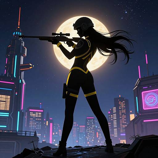 Silhouetted female sniper with long hair, aiming rifle, against full moon in neon-lit cyberpunk cityscape, standing on rocky ground.