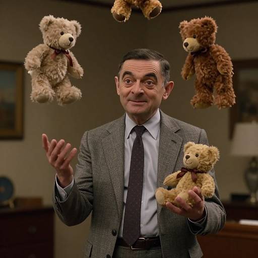 Photograph of a middle-aged man in a gray suit, white shirt, and dark tie, levitating four teddy bears above his hands in a