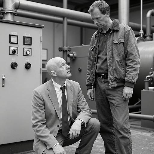 Two Men Discussing in Industrial Setting