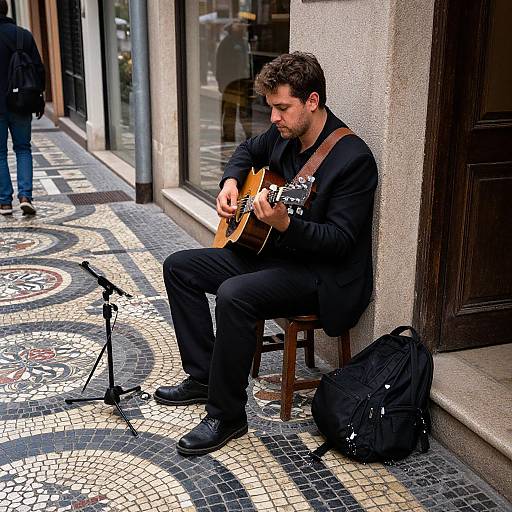Soulful Street Music Amid Tiled Sidewalk
