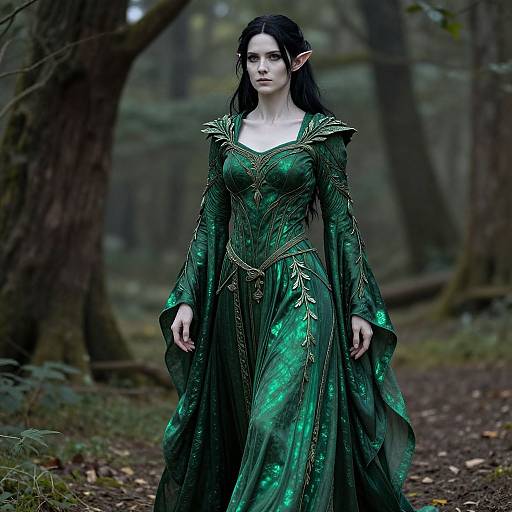 Digital artwork of an elf woman with long black hair, pointed ears, in a green, ornate, medieval-style dress, standing in a misty