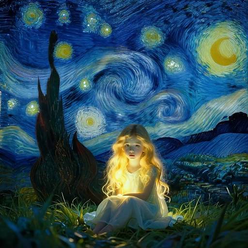 Ethereal Girl in Starry Night Forest