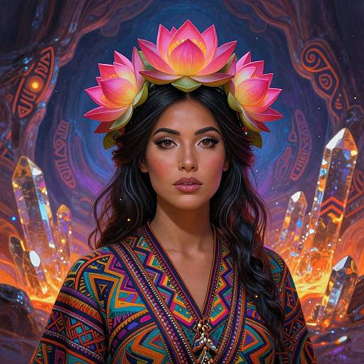 Celestial Tribal Woman in Molten Crystal Cavern