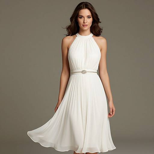 Photograph of a young woman with wavy dark hair, wearing a sleeveless white halter dress with a silver belt, standing against a gray background