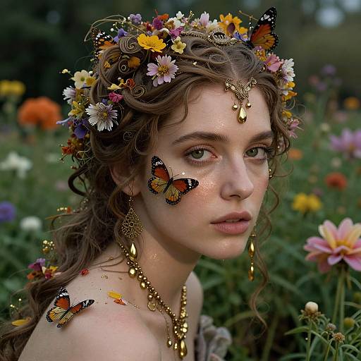 Photograph of a fair-skinned, curly-haired woman adorned with a floral crown, butterfly makeup, gold jewelry, and surrounded by colorful flowers.