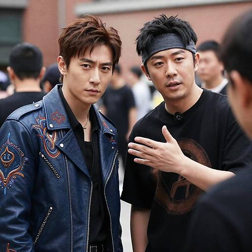 Two Men in a Bustling Outdoor Scene