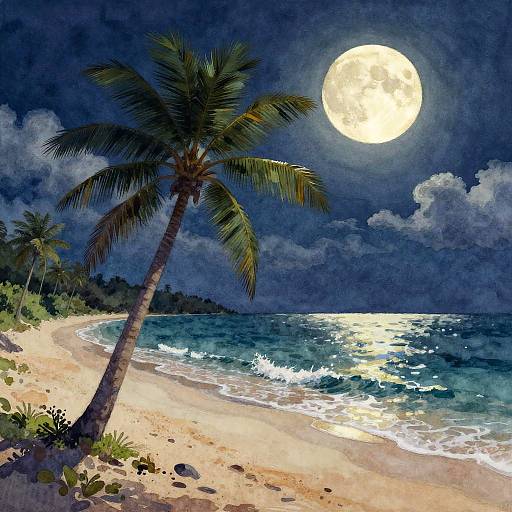 Moonlit Beach Scene in Watercolor