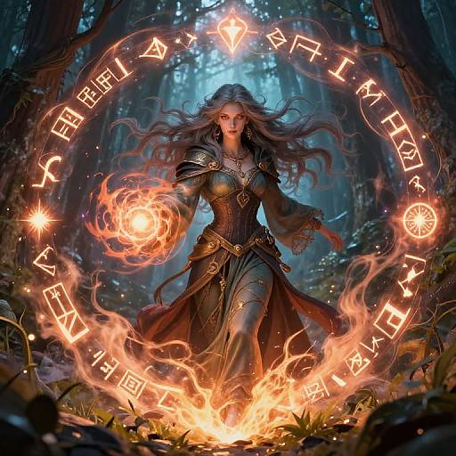 Digital fantasy artwork of a fierce, armored woman with long silver hair, casting fire spells, surrounded by glowing runes in a mystical forest.