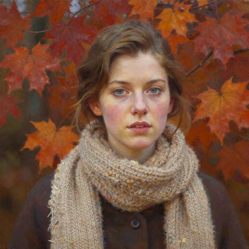 Photograph of a young woman with fair skin and brown hair, wearing a thick beige scarf, standing against a backdrop of vibrant red autumn leaves.