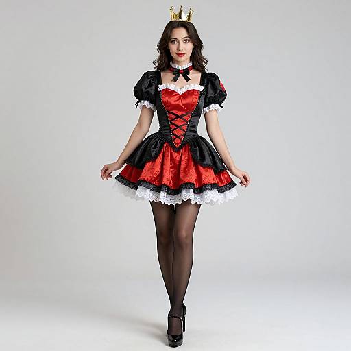 Photograph of a fair-skinned woman with dark brown hair, wearing a red and black corset dress with white lace, black stockings, black heels