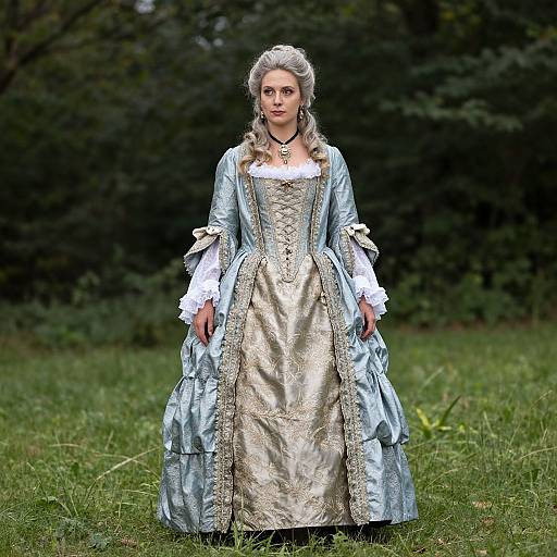 Photograph of a white woman with silver hair in an 18th-century blue and gold dress with white lace, standing in a grassy forest.