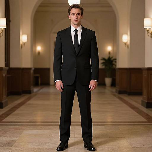 Photograph of a handsome man in a black suit, white shirt, and black tie, standing in a luxurious, warmly lit hallway.