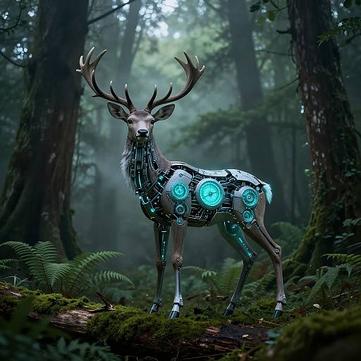 Digital artwork of a cybernetic deer with glowing blue circular patterns on its body, standing in a misty, dense forest.